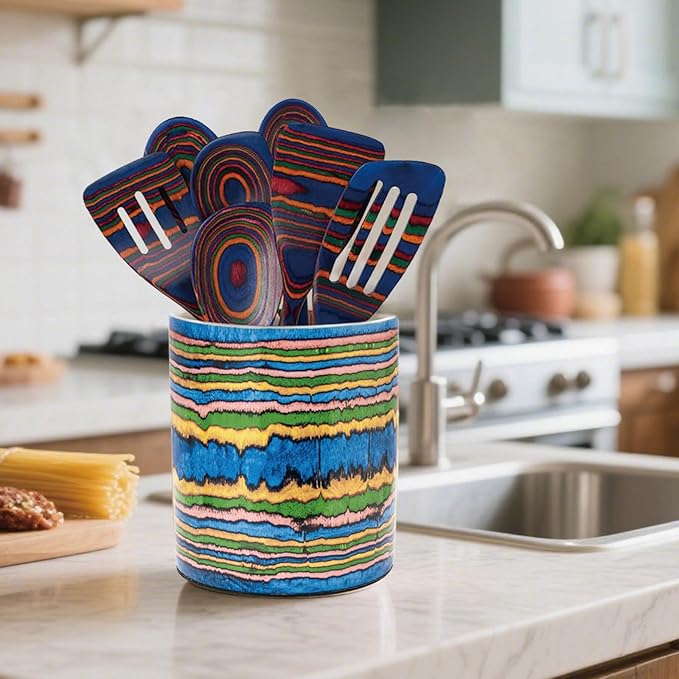 Bohemian Style Ceramic Utensil Holder, 6.5-Inch Farmhouse Kitchen Counter Decor with Multi-Color Stripes for Indoor Decor
