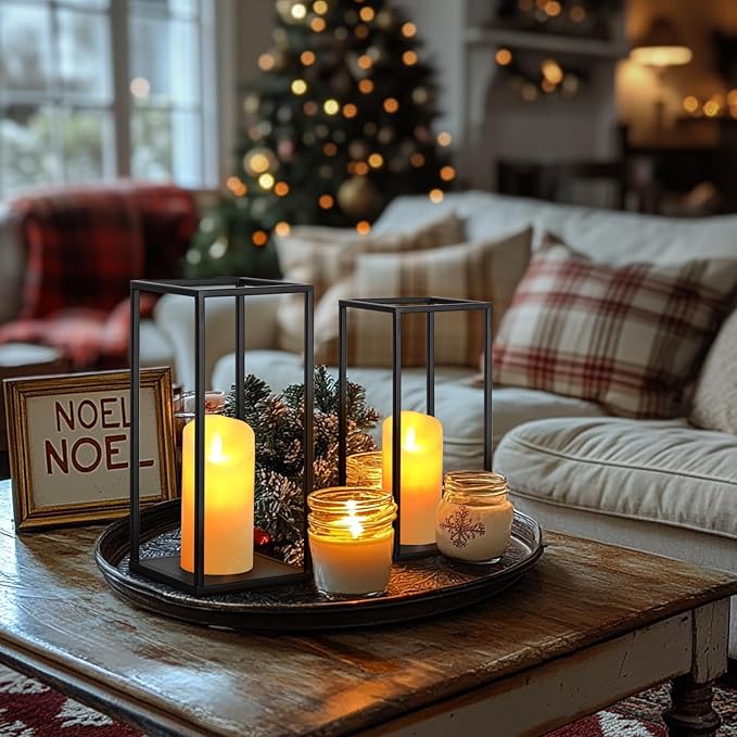 Eufrozy Lanterns Decorative Indoor Set of 2 Black Metal Lantern Candle Holder, Modern Farmhouse Lantern Decor for Christmas Living Room Fireplace Mantle Home Outdoor Patio Table Wedding Porch