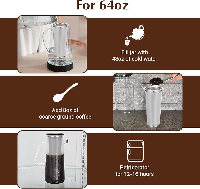 3 Pack Cold Brew Coffee Filter for 64oz Wide Mouth Mason Jar, 304 Stainless Steel Filter Ultra Fine Mesh Strainer, Reusable for Iced Coffee, Tea, Fruit Drinks