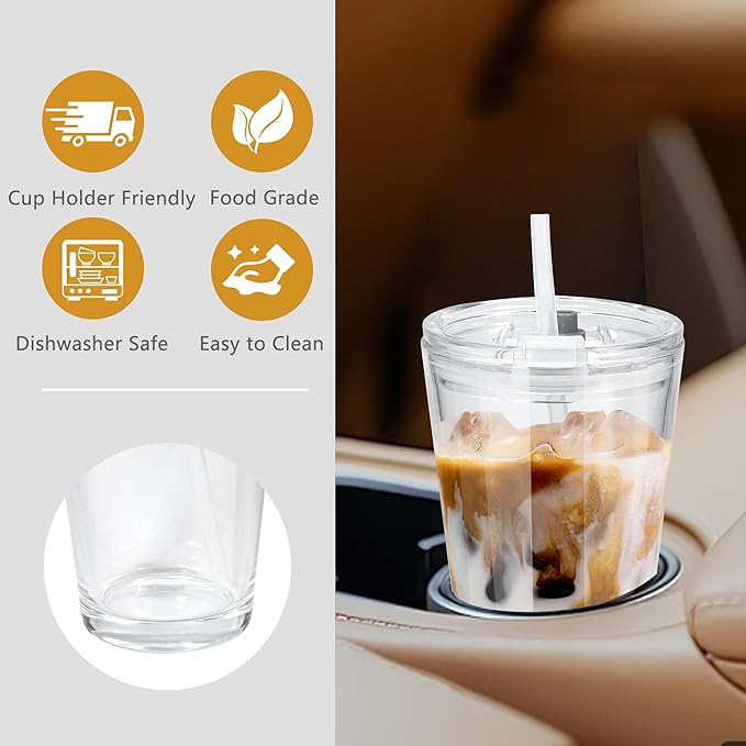 15oz Iced Coffee Glass Cup with Lid and Straw Thick Leak Proof Drinking Glasses Tumbler Set of 2 for Gift Cold Drink Smoothie Boba Tea(Clear*2)