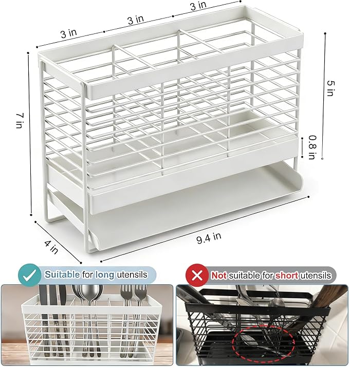 Utensil Holder, Upgrade Stainless Steel Utensil Drying Rack with Automatic Drain Tray for Kitchen Counter, Silverware Cutlery Organizer for Spoons, Forks, Knifes, Chopsticks (White)