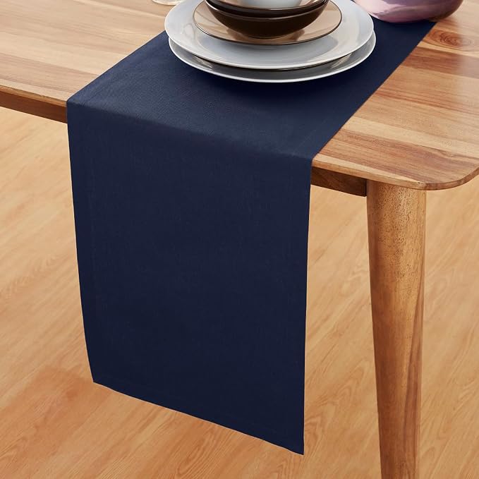 Solino Home Navy Cotton Linen Table Runner 144 Inches Long - Elegant Machine Washable Dining Table Runner 14x144 Inch for Summer Decor & 4th of July - Dru