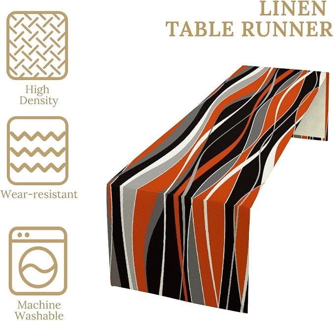 Abstract Modern Geometric Table Runner Orange Black Gray Minimalist Contemporary Geometry Ombre Wave Stripe Dinner Runner for Kitchen Dining Holiday Party Decor 13x90in