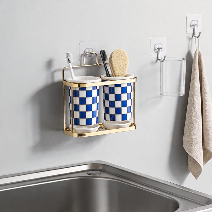 Multi-functional Ceramic Checkered Utensil Crocks,Kitchen Utensil Storage, Bathroom Checkered Bathroom Toothbrush Holder, Flatware Organizer & Home Accessory