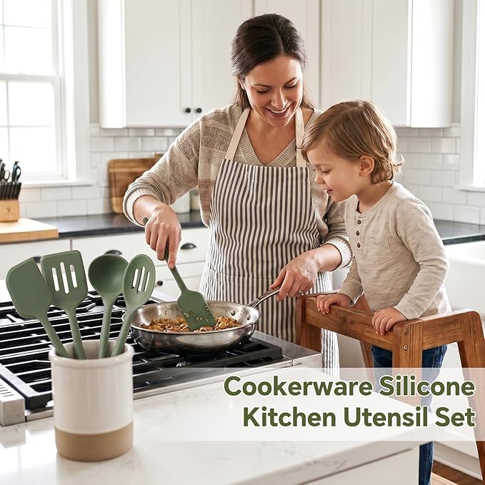 Silicone Kitchen Cooking Utensils Set – 5Pcs Extra Long & Thick Heat Resistant Kitchen Gadgets, BPA Free Non-Stick Cook Tools for Food Prep, Frying, Serving and Basting