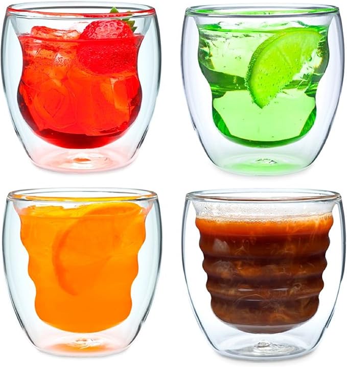 Curva Artisan Series Double Wall Beverage Glasses and Tumblers – Set of 4 Unique 8 oz Thermo Insulated Drinking Glasses
