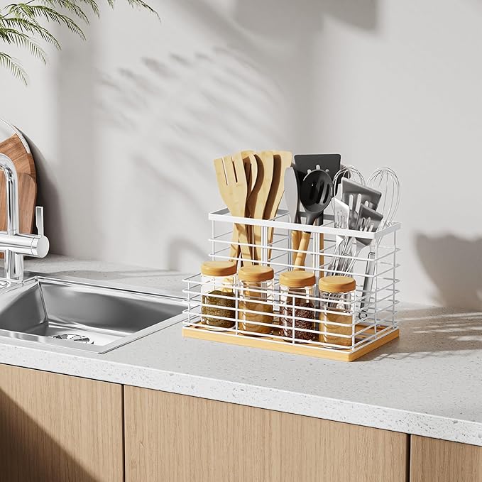 VITVITI Kitchen Utensil Holder for Counter, Large 4 Compartments Metal Bamboo Utensil Organizer, Farmhouse Cooking Utensils Holder Caddy for Countertop, White