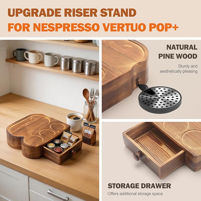 Riser Stand for Nespresso Vertuo Pop+, with Coffee Pod Drawers Organizer - Elevated Base Fits Tall Mugs (Up to 7.48" H), Coffee Station for YETI Rambler & Stanley 20oz Cups - For Pop+ ONLY (Not Pop) Brown