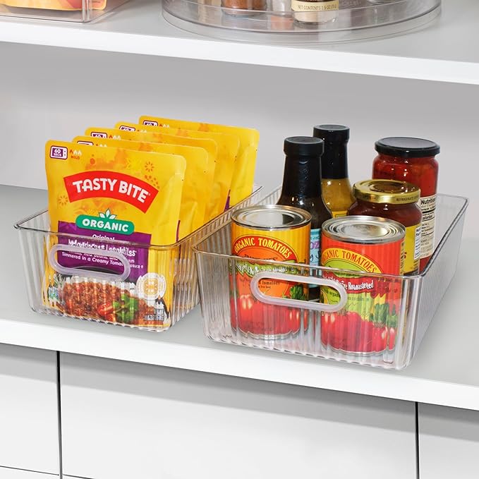 Oggi Set of 5 Clear Fluted Storage Bins with Handle - Durable Plastic Organizers for Fridge, Pantry, Cabinets & Countertop, Modern Farmhouse Style, 5 Sizes for Kitchen Organization and Storage