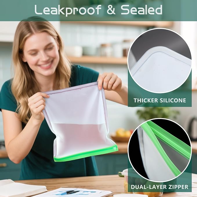 Reusable Food Storage Bags - 10 Pack Snack Bag Freezer Bags - Extra Thick Preservation Bags, Leakproof Silicone Bag for Meal Prep, Kitchen Organization
