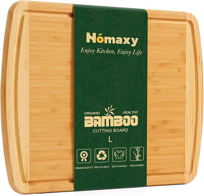 Homaxy Large Bamboo Cutting Boards for Kitchen,14.5x11.5" Wood L Cutting Board with Juice Groove, Wooden Butcher Block Chopping Board for Kitchen, Meat, Fruit & Vegetables - Pre Oiled, Two-Tone