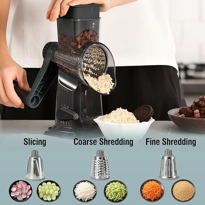 Rotary Cheese Grater Shredder Slicer - 3-in-1 Handheld Crank with Food Pusher for Hard Cheese, Vegetables, Chocolate - Ergonomic Hand Crank, Dishwasher Safe Dark Gray