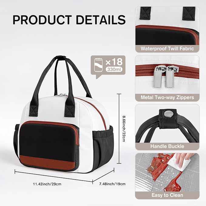 Stylish Color-blocked Lunch Bag for Women, Leakproof Lunch Box for Adult Girls, Large Capacity Reusable Lunch Box for Work Picnic Travel (Black with Off White with Brown)