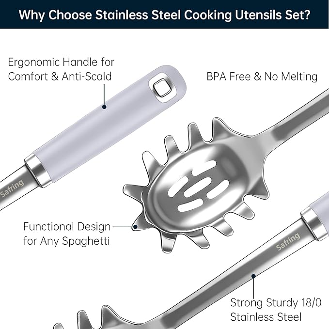 Safring Stainless Steel Soup Ladle and Spaghetti Spoon Set, Heat Resistant Rubber Handle, Dishwasher Safe, Kitchen Utensils for Cooking, Stirring, Serving Pasta, Soup & Sauce (Lavender)