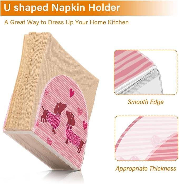 Napkin Holder Acrylic Napkin Holder for Table Kitchen Party Restaurant U Shaped Upright Napkin Dispenser Organizer Pink Striped Dachshunds and Hearts