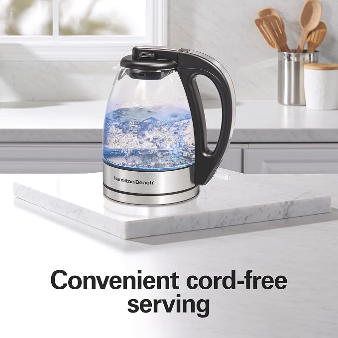 Hamilton Beach Electric Tea Kettle, Water Boiler & Heater, 1 Liter, 1500 Watts for Fast Boiling, BPA Free, Cordless Serving, Auto-Shutoff & Boil-Dry Protection, Blue LED, Glass (40930)