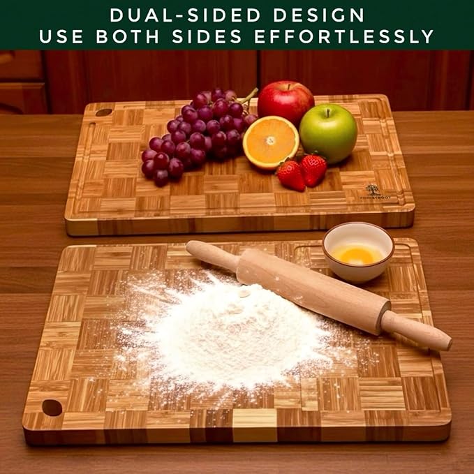 Premium Bamboo Cutting Board-15x10 Inch - End Grain Heavy Duty Cutting Board with Juice Groove, Built-In Handle & Hanging Hole, Knife-Safe Chopping Board for Meat, Vegetables & Kitchen Prep