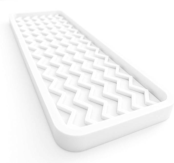 Silicone Sink Organizer Tray, Rectangular, Modern Style, Heat Safe, Dishwasher Safe, for Bathroom and Kitchen Organization (White, 12"x4", Chevron Pattern)