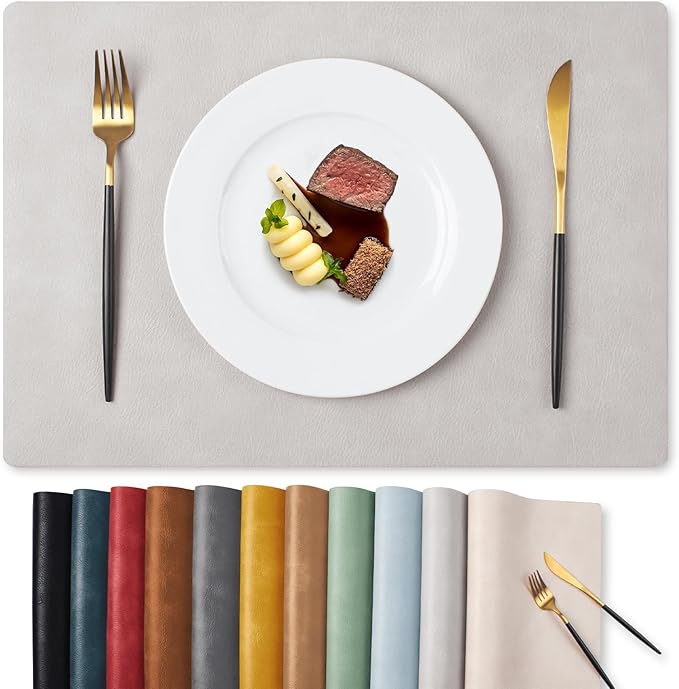 MOSAYT Vinyl Placemats Set of 8-12 X 17 Inch - Faux Leather 100% Waterproof Oil-Proof Wipeable PU Place Mats, Heat Resistant Reversible Table Mats for Kitchen, Dining, Outdoor, Light Grey