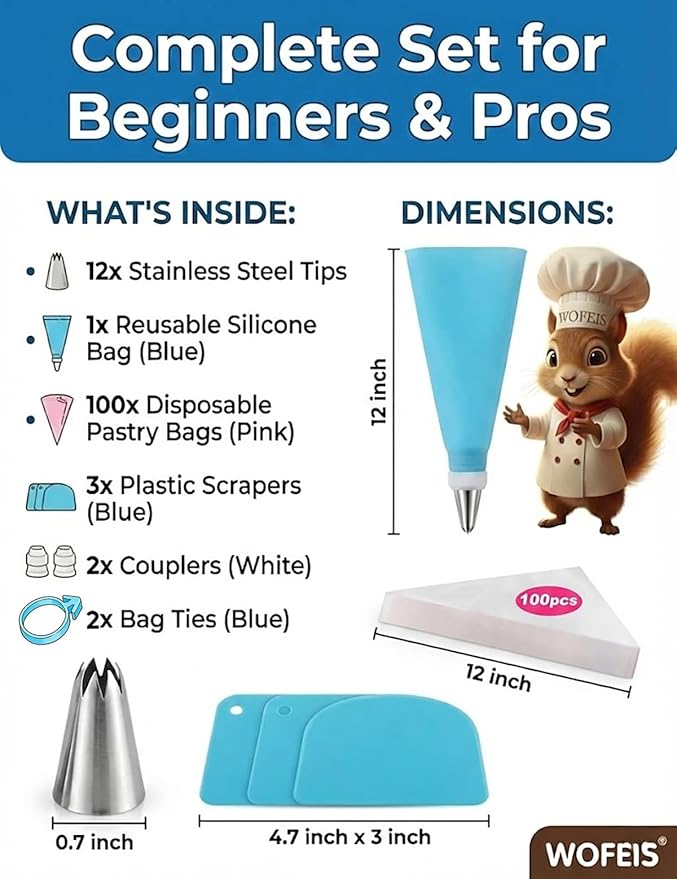 Piping Bags and Tips Set, 120 Pcs Cake Decorating Kit with 100 Disposable Piping Bags, Reusable Icing Bag, Frosting Tips, Couplers, Cake Scrapers, Cupcake Decorating Supplies