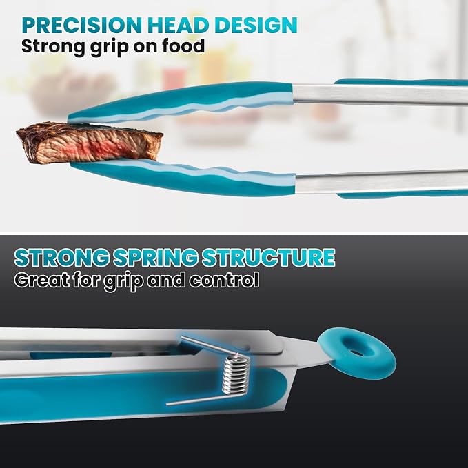 600℉ Heat Resistant Kitchen Tongs for Cooking with Silicone Tips,12-Inch Stainless Steel Locking Cooking Tongs Food Tongs for BBQ,Cooking,Salad and Serving Food,Heavy Duty,Non-Stick (Turquoise)