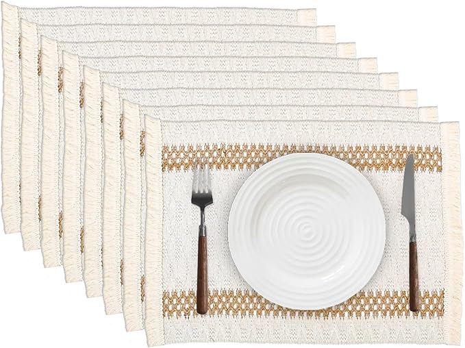 Niviy Boho Placemats Set of 8, 12x18 Inch Natural Cotton Burlap and Kitchen Woven Placemats with Tassels for Dining Table Centerpiece Thanksgiving Home Decorations
