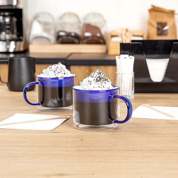 Restaurantware Coffee Cups 2 Pack of 11 oz Double Wall Glass Insulated Coffee Cup Borosilicate Mug Thermal Shock Resistant Handle Modern Design