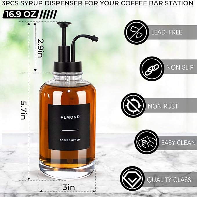 Coffee Syrup Dispenser for Coffee Bar, Set of 4 Simple Glass Syrup Bottle w. Pump and Labels, 16.9 oz 500ml Syrup Pump Dispenser, Syrup Dispenser w. Tray & Coffee Scoop