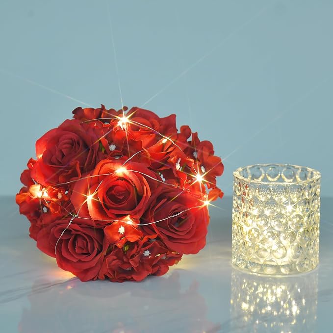 Rose Silk Flower Arrangement Artificial Vivid Rose in Glass Vase with LED Light Elegant Centerpiece for Home Wedding Bathroom Table Shelf Decoration (Red)
