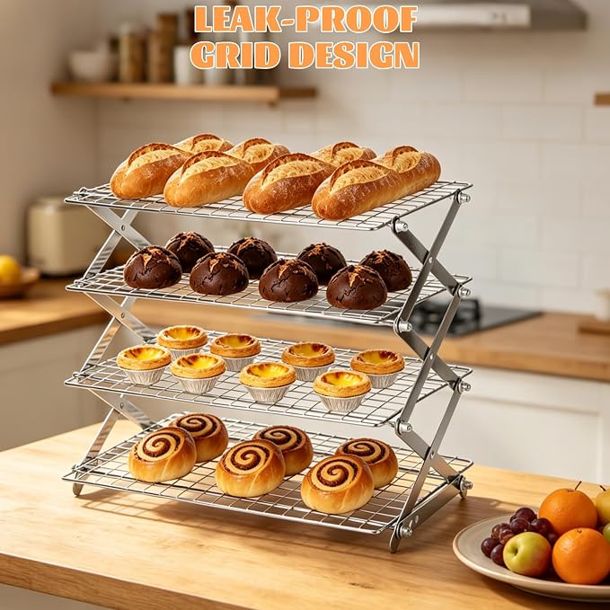 4 Tier Collapsible Cooling Rack for Cooking and Baking, Adjustable Foldable Baking Rack with 3 Height Settings, Heavy Duty Stainless Steel Wire Rack for Cookies, Bread, Cakes, Dishwasher Safe