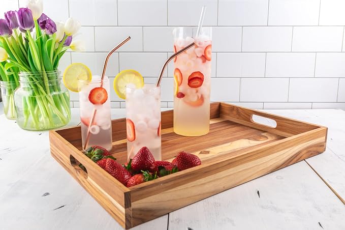 Lipper International Teak Wood Large Serving Tray with Cutout Handles, 20-1/2" x 13-3/4" x 2-2/5"