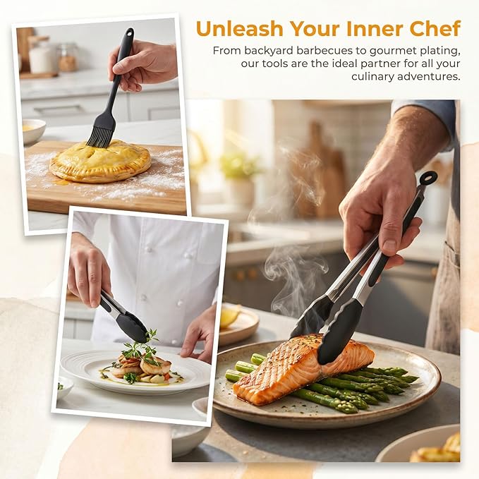 Kitchen Tongs for Cooking, Set of 4 with Oil Brush (7" 9" 12"), Heat Resistant 572°F Stainless Steel, Heavy Duty Metal Locking Tongs with Silicone Tips, Black, BBQ Grilling Dishwasher Safe