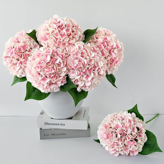 ZYTUYO 5 Pcs Pink/White Silk Hydrangeas Aritificial Flower Boho 20'' Faux Hydrangeas for Spring Indoor Home Decor Kitchen Living Room Baby Shower Outdoor Wedding Table Centerpiece