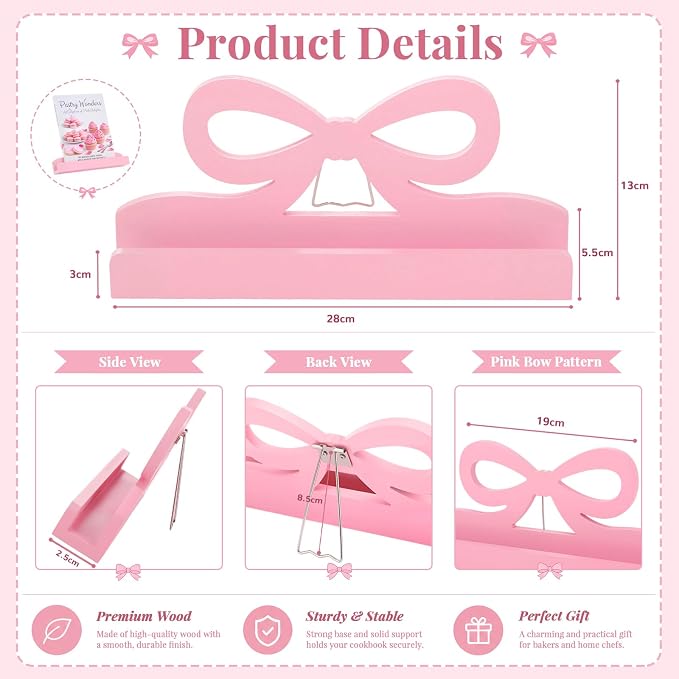 Hushee Pink Bow Cookbook Stand for Kitchen Counter Solid Wood Recipe Book Holder Coquettish Kitchen Decor Pink Countertop Book Holder Rack for Recipes Housewarming Gift, 18.7x8.7 Inch