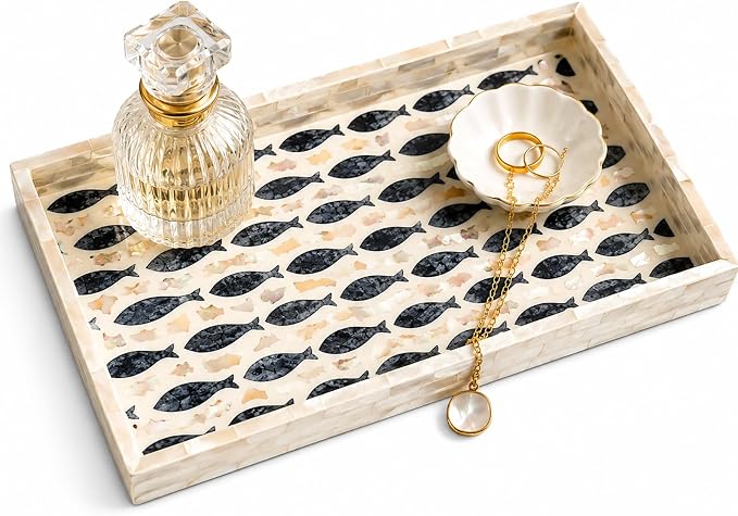 Mother of Pearl Inlay Wooden Tray – Handmade Decorative Rectangle Serving Tray for Coffee Table, Kitchen, Bathroom, Vanity or Living Room Decor, Nautical Fish