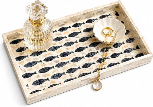 Mother of Pearl Inlay Wooden Tray – Handmade Decorative Rectangle Serving Tray for Coffee Table, Kitchen, Bathroom, Vanity or Living Room Decor, Nautical Fish