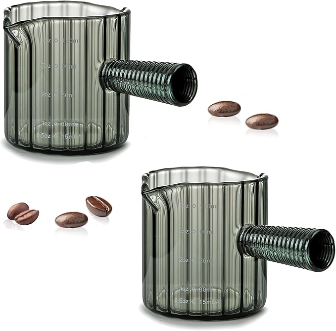 Glass Espresso Shot Measuring Cup Set, Gray, Double Spout Design with Glass Handle for Dishwasher Safe, 4 oz Capacity, 2 Pack, Coffee Bar Accessories (Gray)