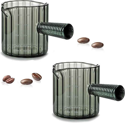 Glass Espresso Shot Measuring Cup Set, Gray, Double Spout Design with Glass Handle for Dishwasher Safe, 4 oz Capacity, 2 Pack, Coffee Bar Accessories (Gray)
