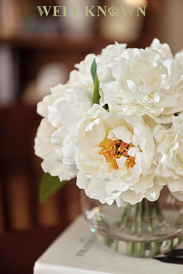 WELL KNOWN Artificial Flowers in Vase, Silk White Peonies Flowers with Glass Vase & Faux Water, Fake Flower Arrangement for Home Table Centerpieces Spring Wedding Party Decor Mom's Birthday Gift