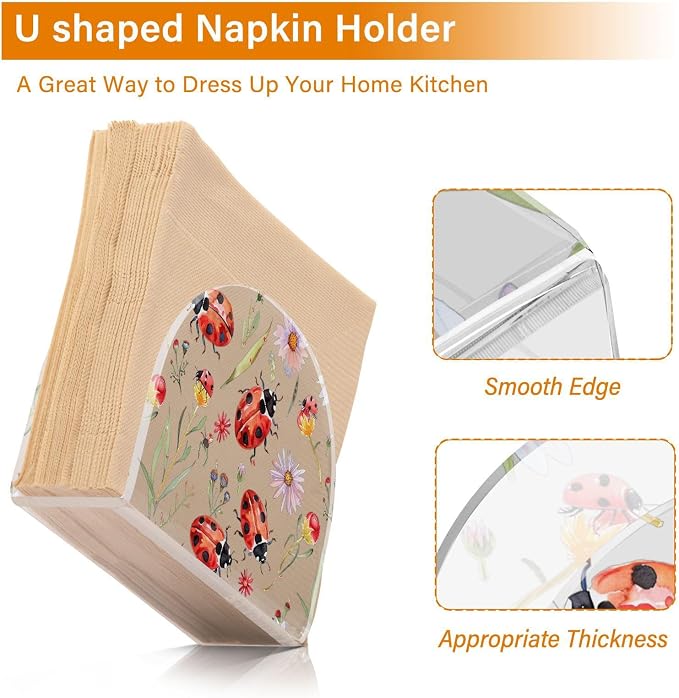 Fustylead Floral Ladybug Napkin Holder for Table Acrylic Vertical Napkin Holders for Paper Napkins Red Ladybugs&Daisies Decorative Napkin Dispenser for Home Party Dining Cocktail Kitchen Accessories