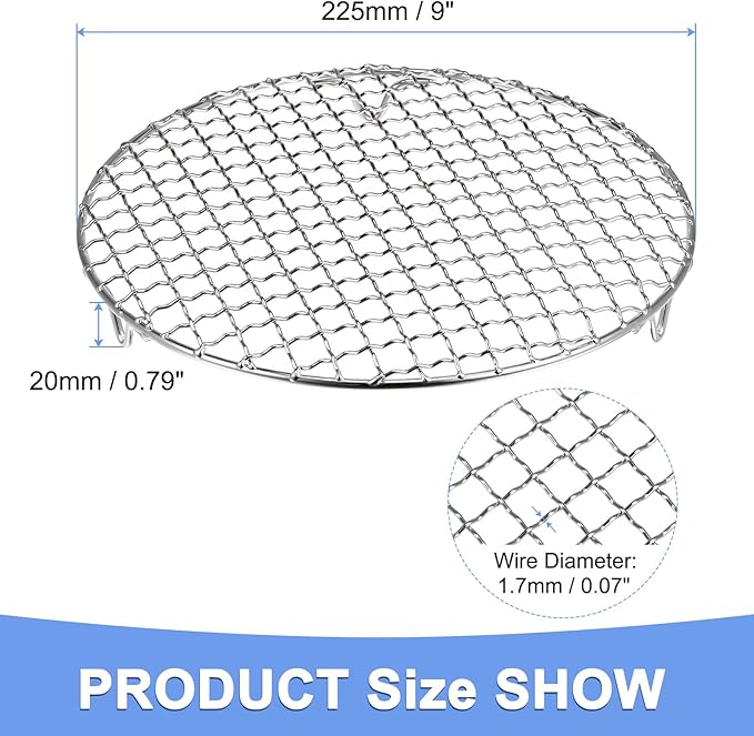 Round Cooking Rack - Stainless Steel BBQ Grill Net Mesh with Legs Fits for Cooling Baking Steaming - Cross Wire Barbecue Grilling Grate - (9-inch x 0.79-inch, Silver Tone)