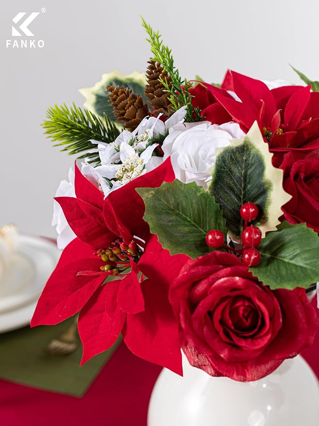 FANKO Artificial Flowers for DIY, Red White Faux Flowers Christmas Style Bouquet, Fake Rose Poinsettias Silk Flowers for Vase, Home Decor, Rustic Wedding, Party, Themed Birthday