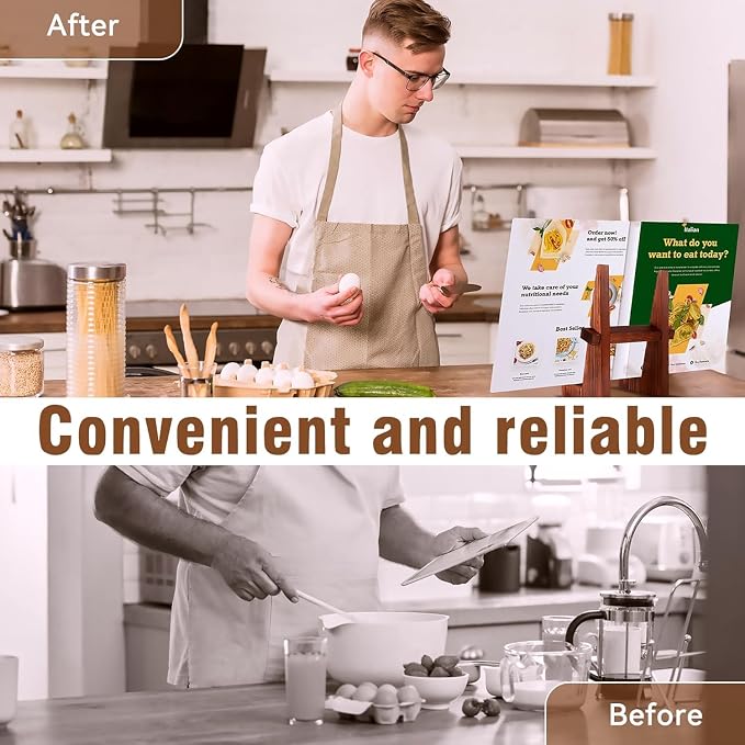 Book Stand, 8.8inch Wooden Cookbook Holder Display Stand for Kitchen Counter Decor, Recipe Book Display Stand, Recipe Cook Book Holder, Wooden Plate Holders for Displaying