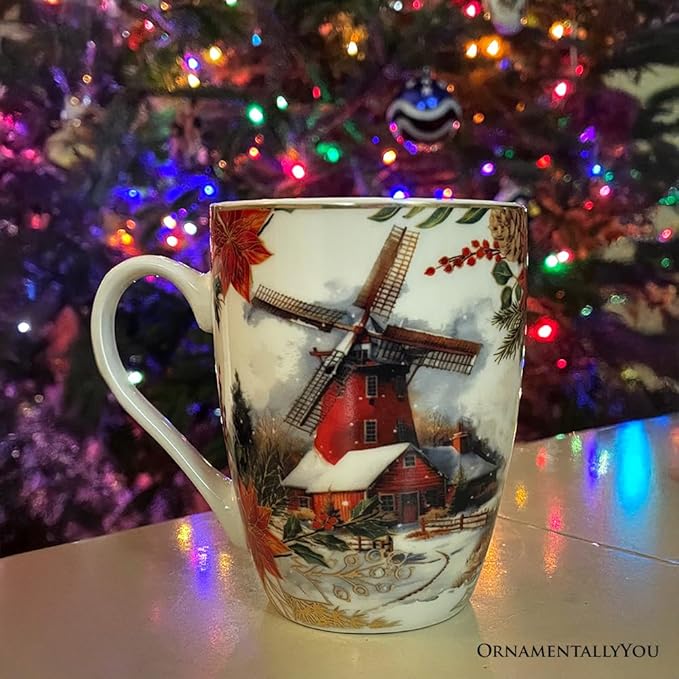 OrnamentallyYou Coffee Mug Holiday Kitchen Drinkware, Multiple Designs Available (Fancy Farmhouse Holiday Set of 4 Ceramic Mugs)