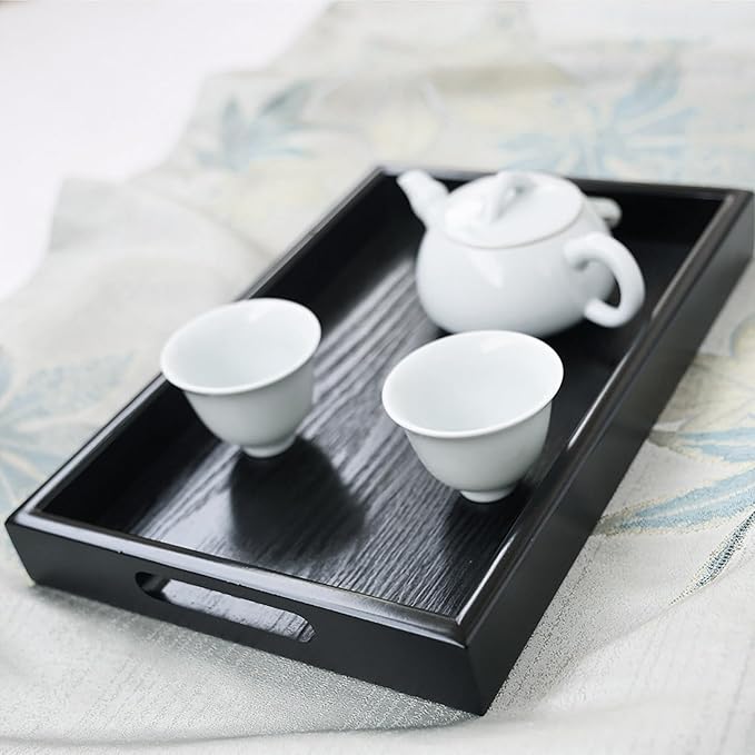 Wooden Serving Tray with Handles, Rectangle Decorative Serving Tray Platter Wood Bed Tray with Raised Edges Snack Tray for Home Kitchen Restaurant Coffee Tea Food Breakfast Dinner Décor(Black)