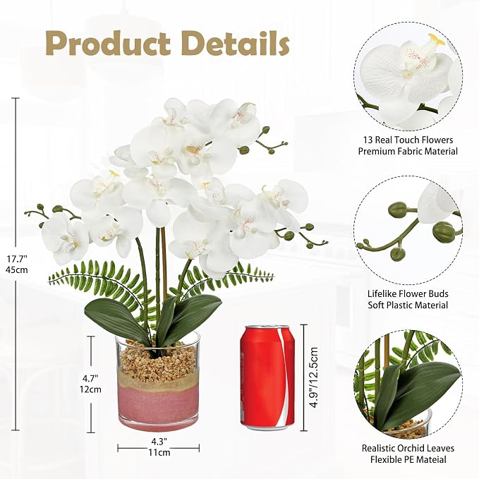 Oairse White Orchids Artificial Flowers with Vase Faux Orchids Plant in Pot | 17.7" Phalaenopsis Orchid Flower Arrangements White Centerpiece for Kitchen Dining Room Table Bathroom Shelf Desk Decor