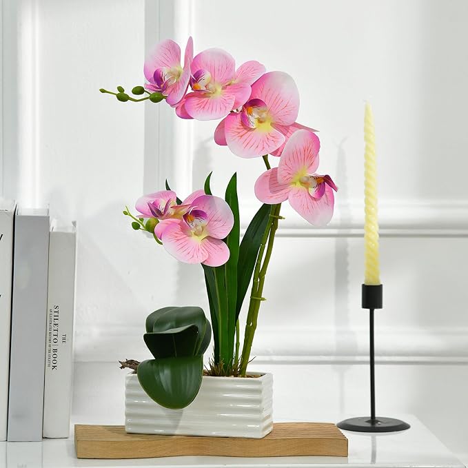 Artificial Real Touch Orchid Flowers in Pot Fake Phalaenopsis Flower with White Ceramic Vase Faux Orchids Arrangement for Home Table Office Wedding Party Decoration (Pink)