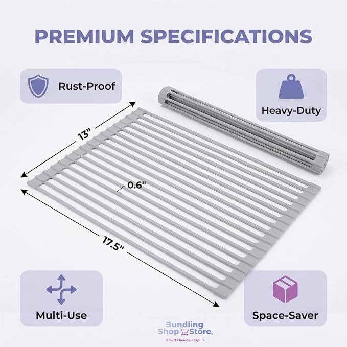 Premium Roll-Up Dish Drying Rack for Kitchen Sink - 17.5"x13" - Rust-Proof Solid Stainless Steel Core with Food-Grade Silicone Coating, Multipurpose Heavy-Duty Space-Saver, Dish Rack Over the Sink