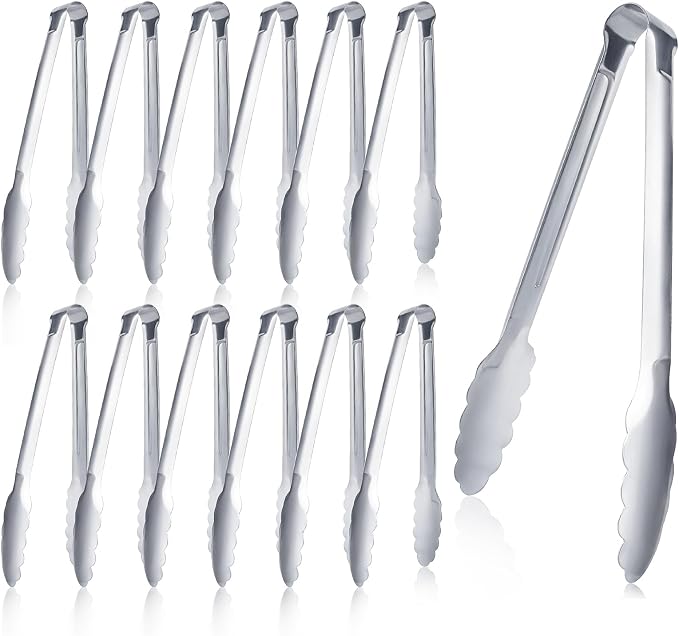12 pieces Buffet Tongs 9'' Inches Serving Tongs Heavy Duty Stainless steel Kitchen and BBQ Utility Tong (Silver, 9inch)