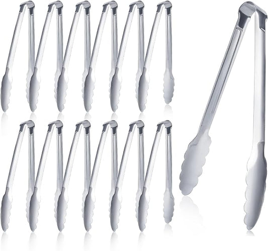 12 Pieces Buffet Tongs 7'' Serving Tongs Heavy Duty Stainless steel Kitchen and BBQ Utility Tong (Silver, 7inch)